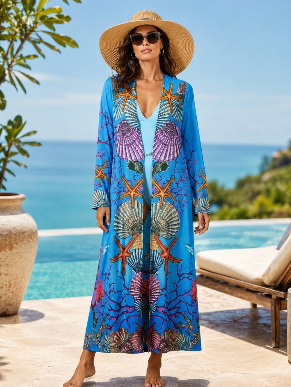 Luxxel Blue Seashell & Starfish Print Long Swim Coverup